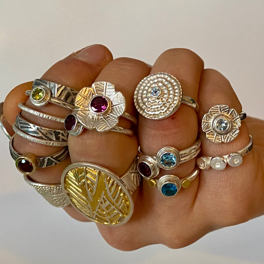 Handcrafted rings, silver, gold, gemstones, Leaf Collection, Mandala Collection
