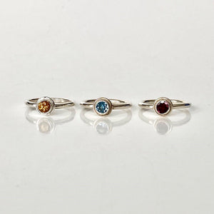 Essential Rings, silver with citrine, sky blue topaz, rhodolite garnet