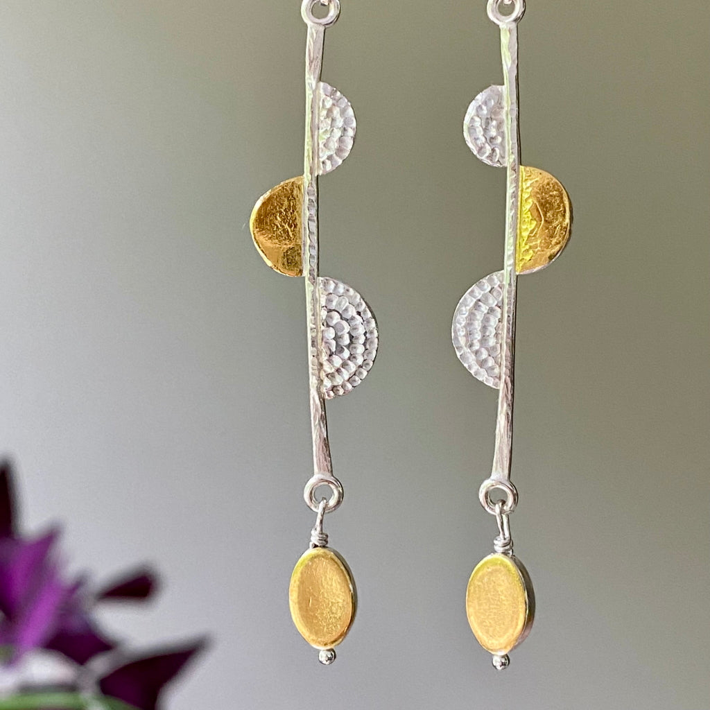 Earrings, handcrafted, jewelry, silver, gold, Argentium Silver, Fine Silver, 24 karat gold, keum-boo, mandala collection