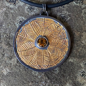 Silver, gold, keum-boo, citrine, necklace, sunflower, oxidized  Edit alt text