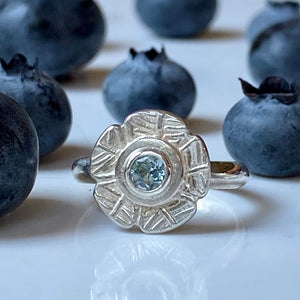 silver, flower, ring, blue topaz