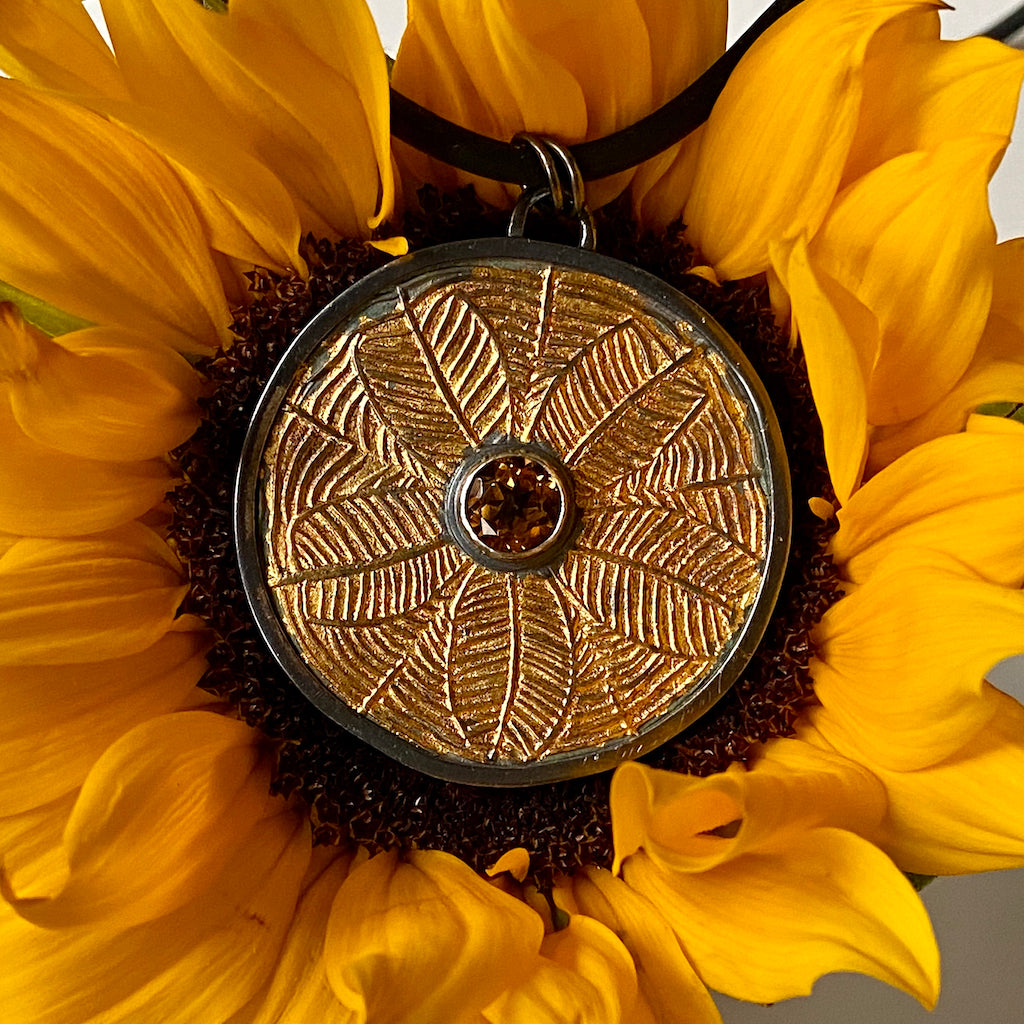 Silver, gold, keum-boo, citrine, necklace, sunflower, oxidized