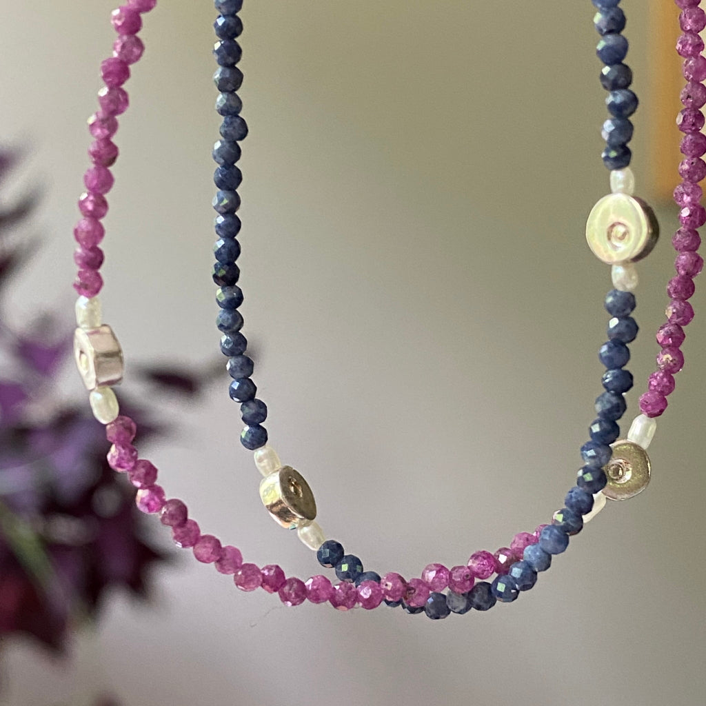 tiny bead necklace, ruby, sapphire, silver, necklace, tiny beads