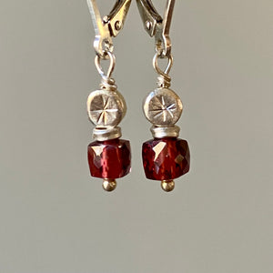 silver, tiny bead, handcrafted, earring, lever back, garnet