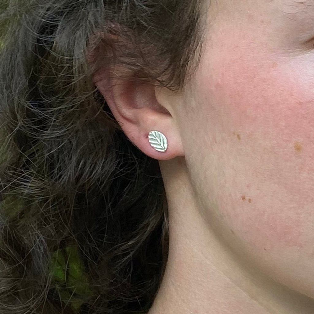 Earring, studs, Fine silver, sterling silver, Bright Silver, Oxidized Silver, leaf collection, leaf texture