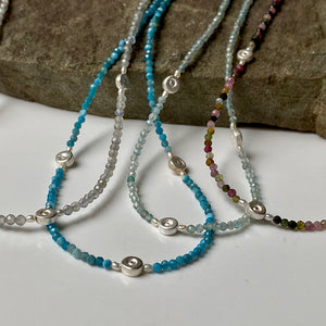 necklace, tiny bead, silver, gemstones