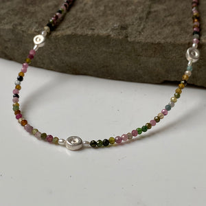 necklace, tiny bead, silver, gemstones