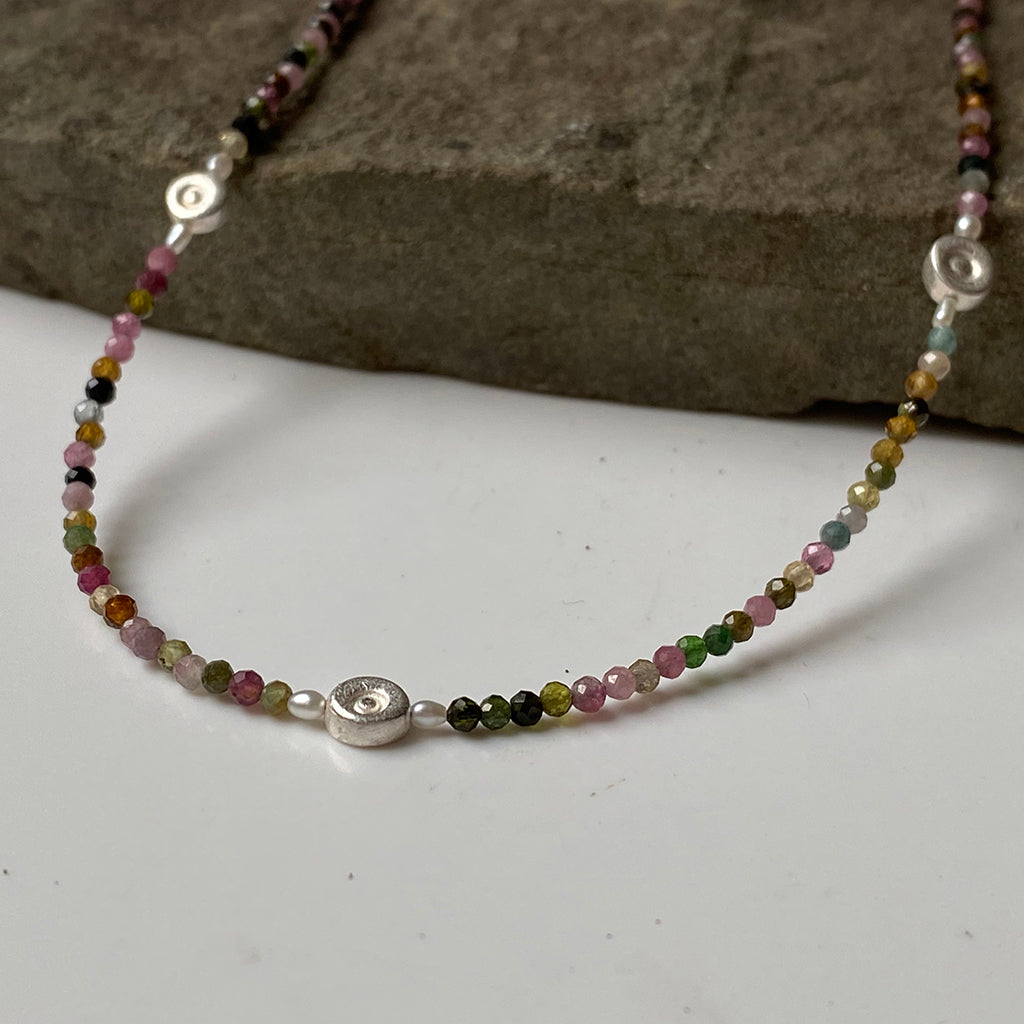 necklace, tiny bead, silver, gemstones