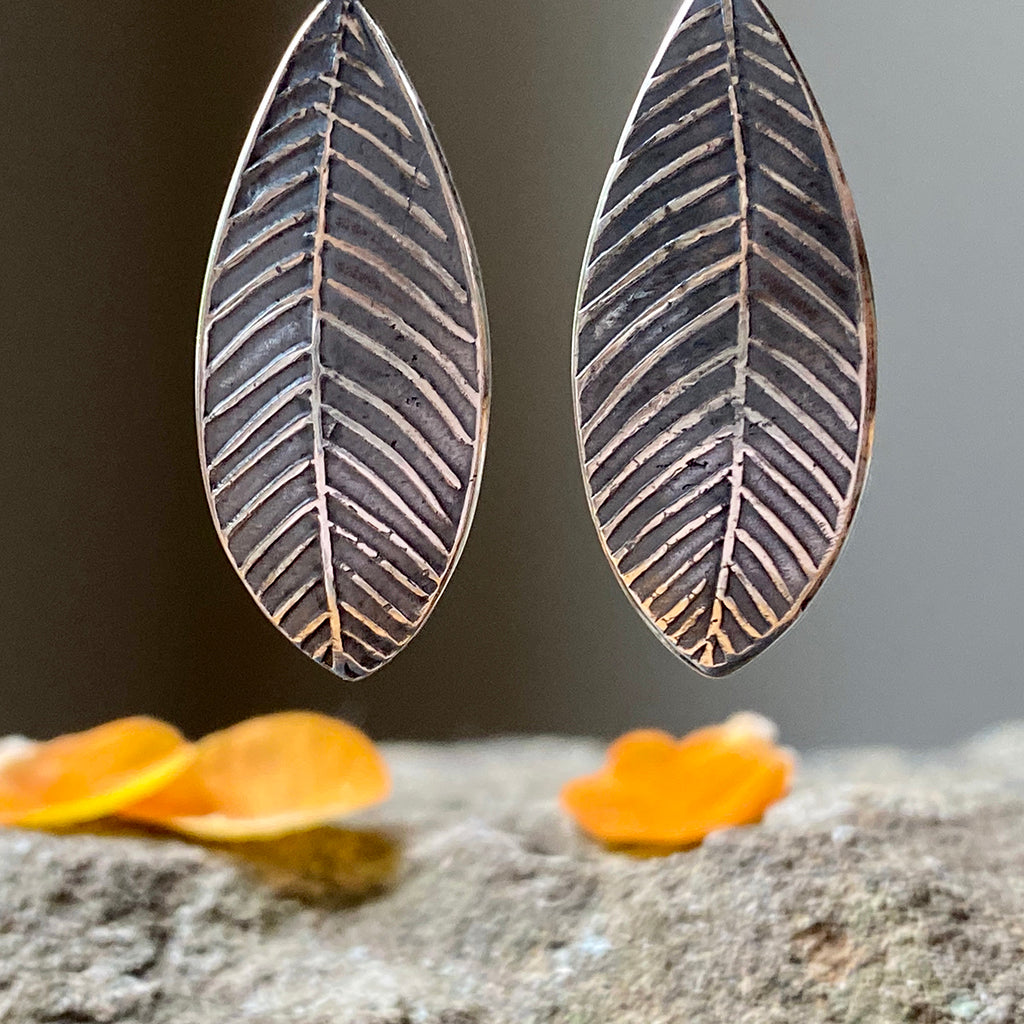 silver, leaf, earrings, oxidized