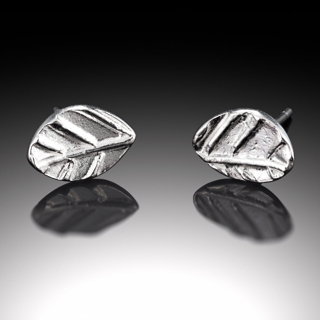 Earring, studs, Fine silver, sterling silver, Bright Silver, Oxidized Silver, leaf collection, leaf texture