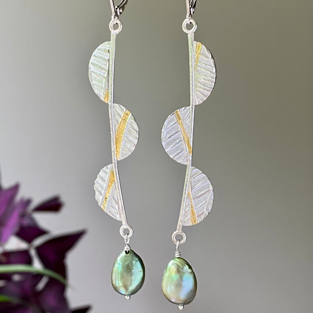 Earrings, handcrafted, jewelry, silver, gold, Argentium Silver, Fine Silver, 24 karat gold, keum-boo, freshwater pearls, leaf collection