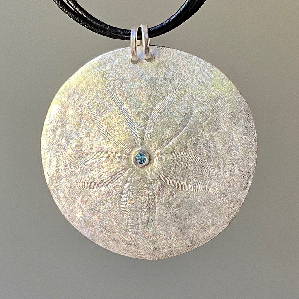 sand dollar, fine silver, pendant, necklace, gemstone, leather