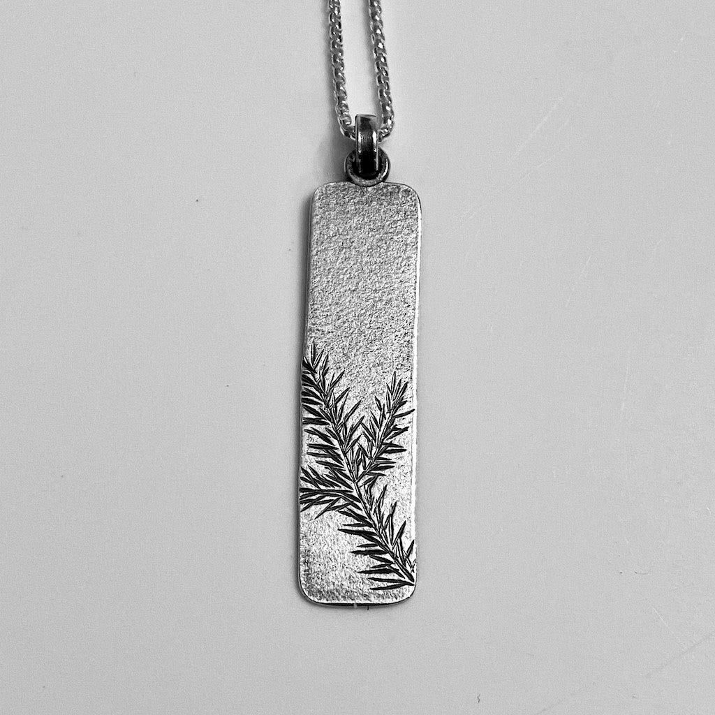 spruce branch detail, silver, pendant, handcrafted, oxidized