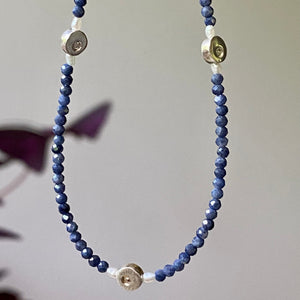 tiny bead necklace, blue sapphire, silver dots