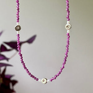 tiny bead necklace, ruby, silver dots