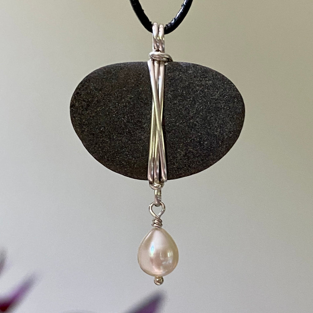 Beach stone necklace, silver wrap, freshwater pearl