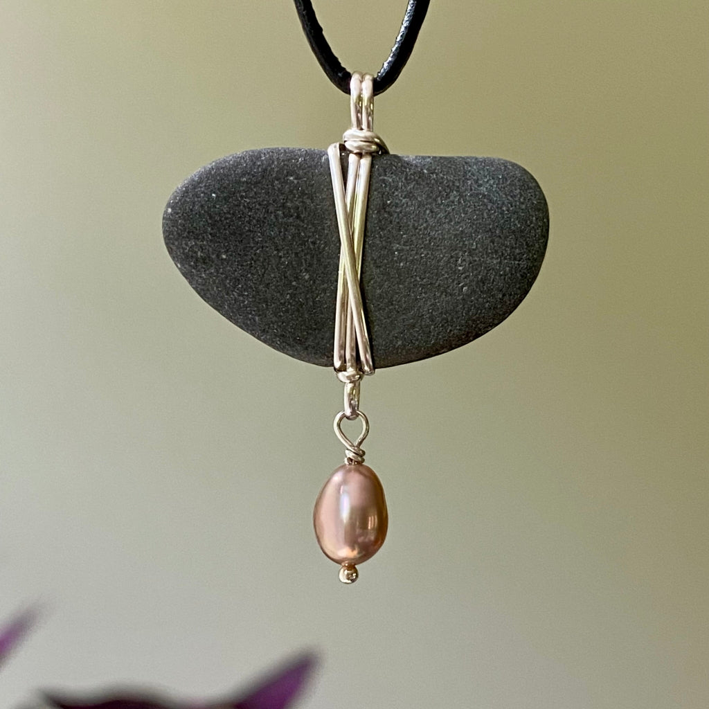 beach stone necklace, silver wrap, freshwater pearl