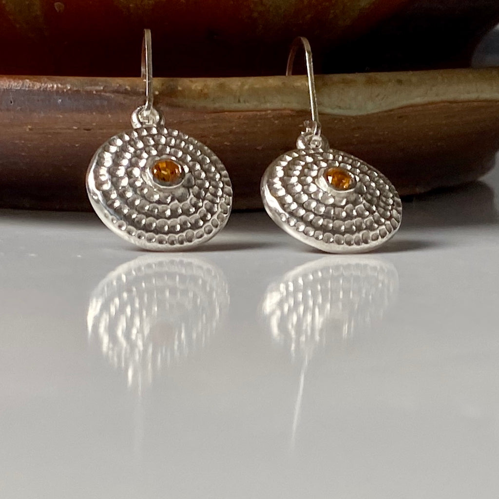 silver, citrine, mandala, earrings