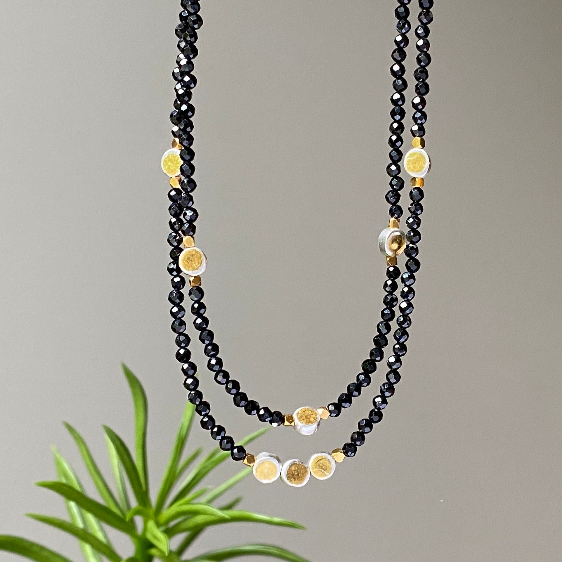 tiny bead, necklace, silver, gold, gemstone, black spinel, keum-boo