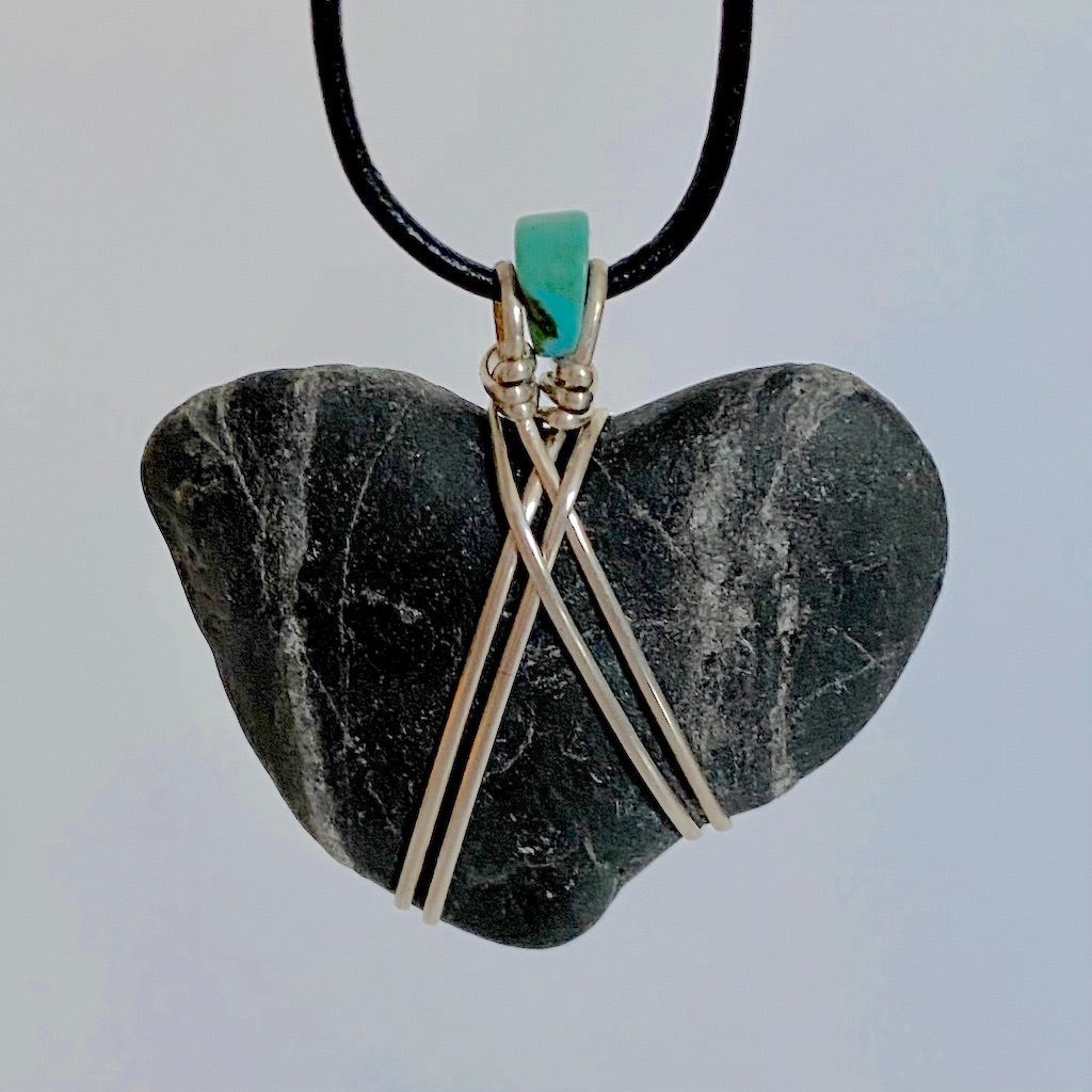 beach stone necklace, silver, turquoise, necklace, pendant