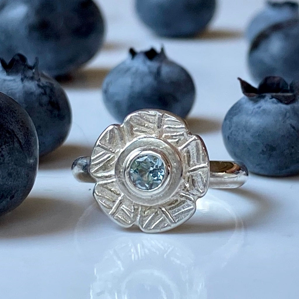 silver, flower, ring, blue topaz