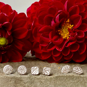 earrings, tiny studs, silver, leaf, mandala, posts, gift